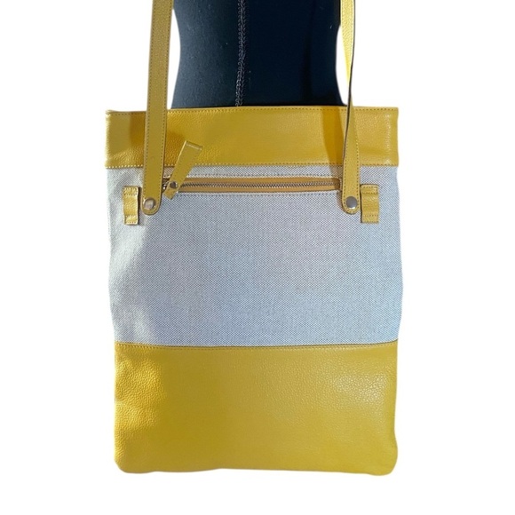 MODUS RIO Yellow Leather & Refined Linen Shoulder Bag /Oversized Clutch Neutral - Picture 11 of 16